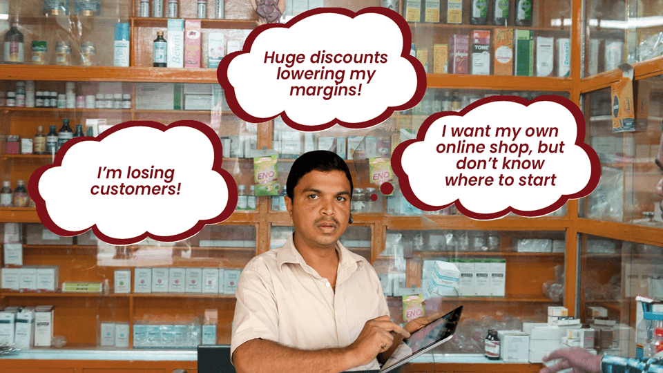 Image depicting a pharmacy owner in a pharmacy with some thoughts